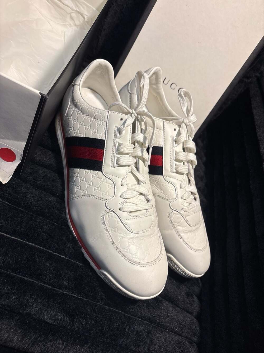 Gucci White Micro Guccissima Leather Web Low Top Sneakers 233334
